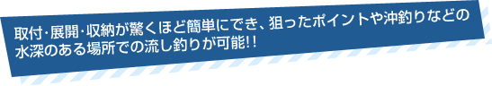 取付･展開･収納が驚くほど簡単にでき、狙ったポイントや沖釣りなどの水深のある場所での流し釣りが可能!!