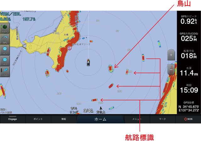 鳥山や航路標識の反応