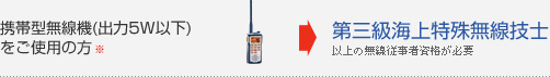 携帯型無線機(出力5W以下)をご使用の方⇒第三級海上特殊無線技士以上の無線従事者資格が必要